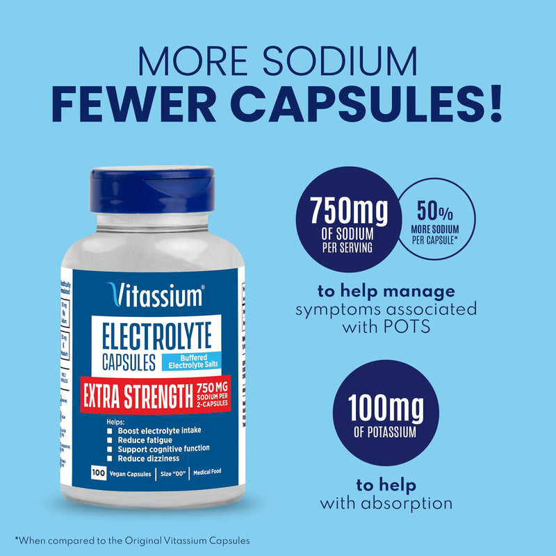 [Australia] - Vitassium Extra Strength Electrolyte Capsules, 750mg of Sodium for Dietary Management of POTS Syndrome Symptoms, Unflavored Salt Pills, 100 Capsules 