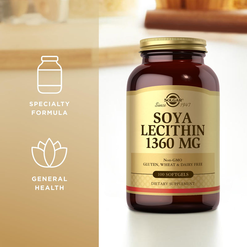 SOLGAR Soya Lecithin 1360 mg - 100 Softgels - Source of Choline - Gluten & Dairy Free - 100 Servings