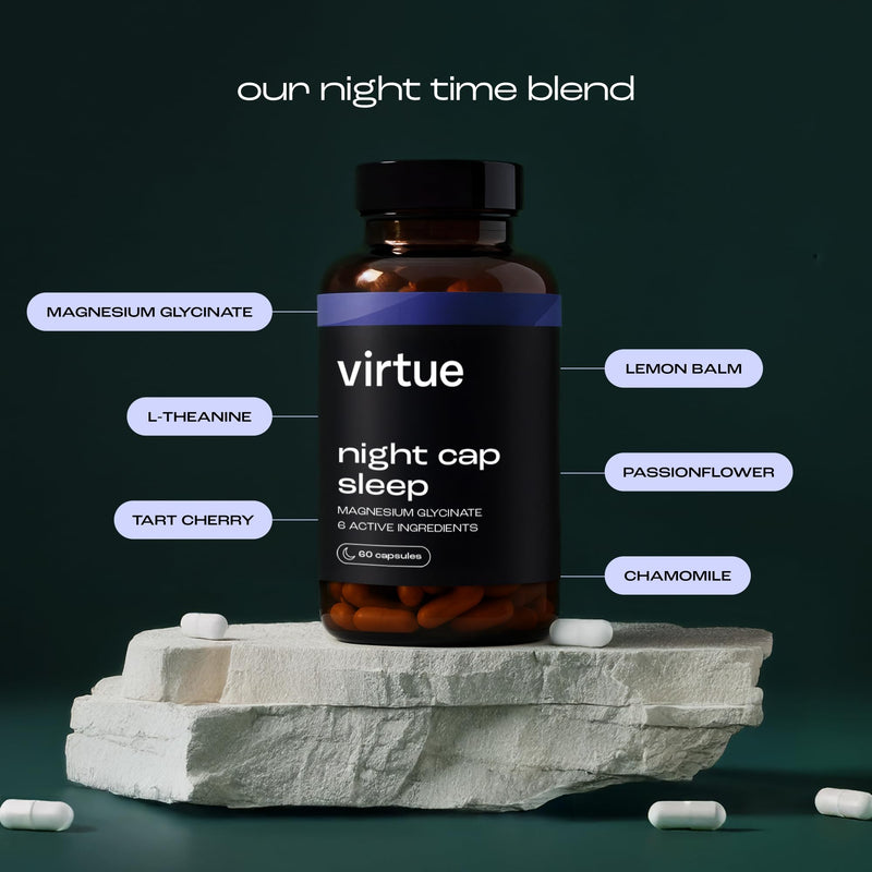 Virtue Night Cap Sleep | Magnesium Glycinate & L-Theanine Sleep Support | 6 Calming Ingredients Sleep Supplement | Natural Sleep Aid | 60 Vegan Capsules