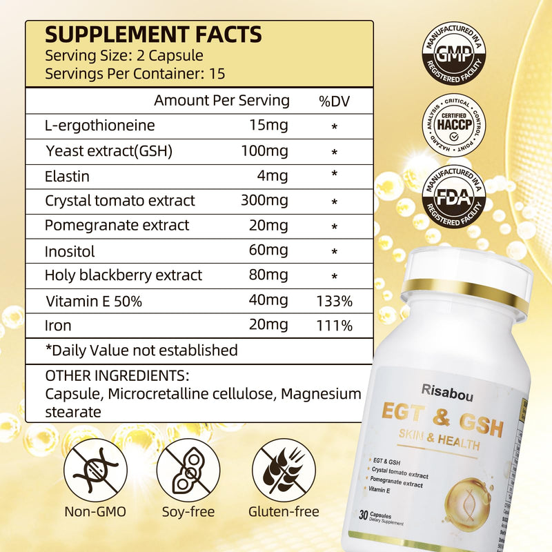 L-Ergothioneine with Iron Supplement for Women | Skin Care, Immune | Extract as Yeast, Crystal Tomato, Pomegranate, Holy Blackberry and Inositol, Elastin, Vitamin E Cognitive Support | 30 Caps 1 Bottle