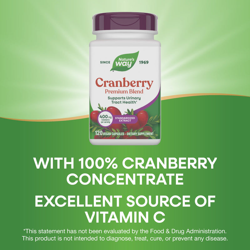 Nature's Way Premium Blend Cranberry, Urinary Tract Health Support*, 120 ct | With 100% Cranberry Concentrate, 400 mg per Serving, Standardized Extract, Vitamin C, Vegan, Dairy-Free, Gluten-Free 120 Count (Pack of 1)