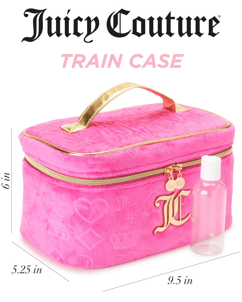 Juicy Couture Hot Pink Makeup Bag Cosmetics Organizer Travel Essentials Train Case Velour Heart Crown