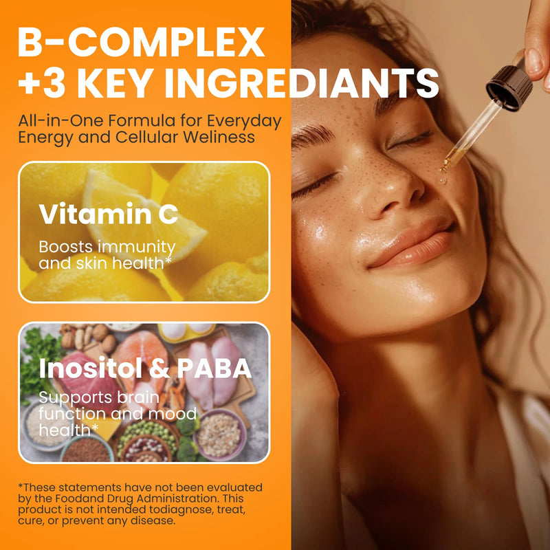 Methylated B Complex Liquid Drops, B Vitamins for Women, Energy, 2 Fl Oz | With Methyl B12, Methylfolate, B1, B3, B5, B6, B7, C, Omega-3, Inositol, Magnesium, TMG. Vegan, Non-GMO, Gluten-Free
