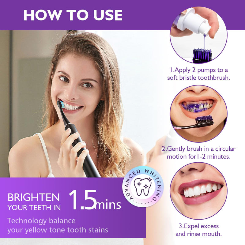 2PCS Purple Toothpaste for Teeth Whitening, Purple Toothpaste Whitening Booster, Tooth Stain Removal Colour Corrector, Stubborn Stain Removal & Enamel-Safe Brightening