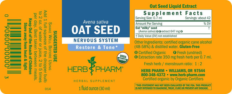 [Australia] - Herb Pharm Certified Organic Oat Seed Liquid Extract for Nervous System Support, Organic Cane Alcohol, 1 Fl Oz 1 Fl Oz (Pack of 1) 