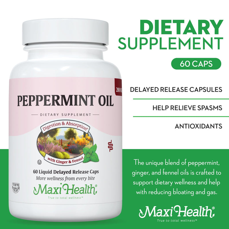 [Australia] - Maxi Health - Peppermint Oil with Ginger & Fennel Delayed Release Capsules - Digestion & Absorption Ingestible Dietary Supplement with Natural Essential Oil Ingredients - Digestive Health Support Unflavored 60 Count (Pack of 1) 