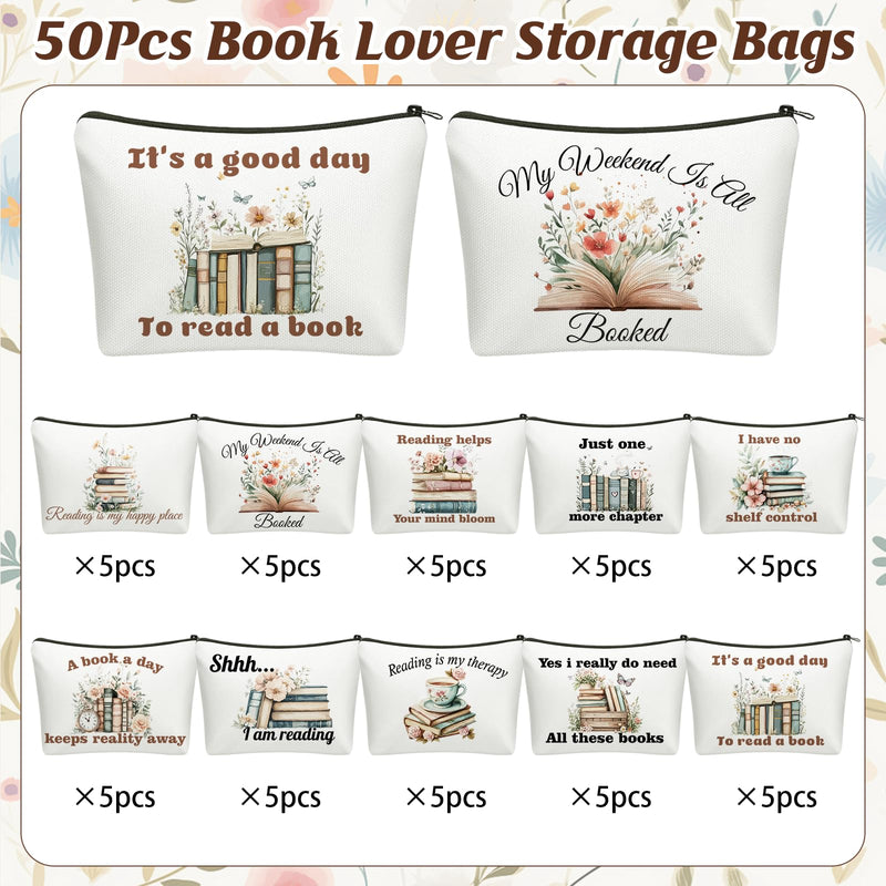 50 Pcs Book Club Gifts Book Lovers Makeup Bag Gifts for Women Cosmetic Bag with Zipper Pouch for Teen Adult Women Lovers Librarian Bookish Club Gifts Bulk 50 Pcs Books