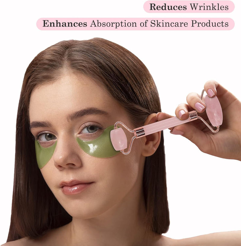 [Australia] - Jade Roller and Gua Sha Stone Massage Tool Set, Natural Rose Quartz Jade Face Roller Stone for Skin Care Anti Aging, De-Puffing, Detoxifying, Brightening, and Refreshes Skin Tool 
