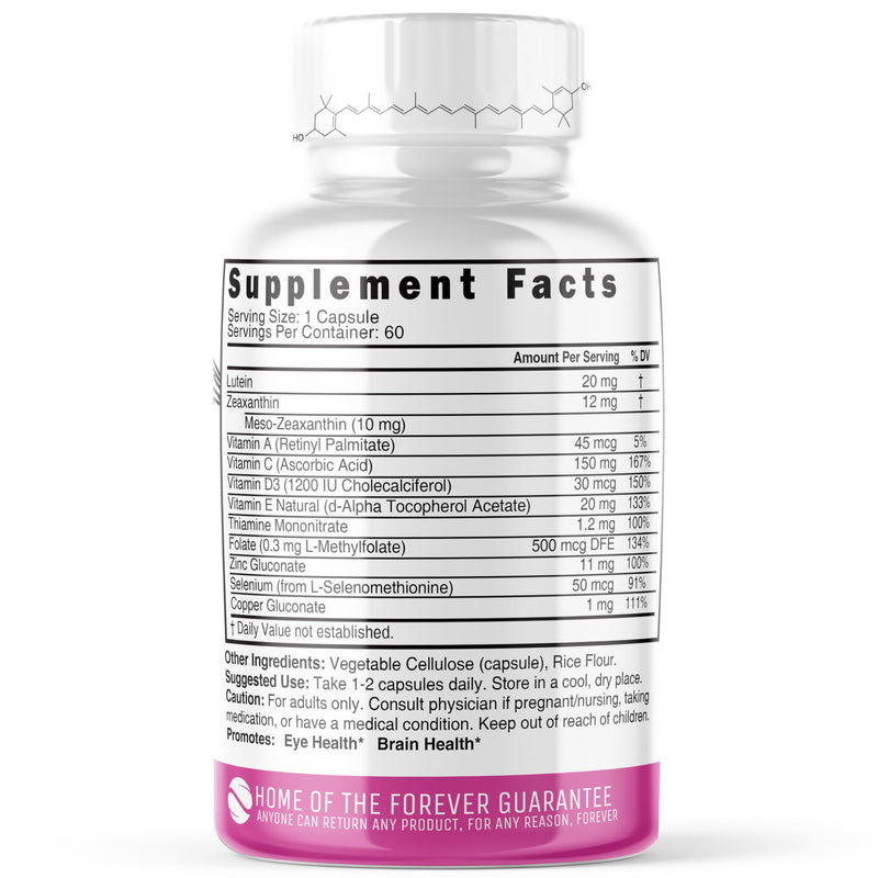 Nature's Fusions Nutri Lutein 20mg Eye Vitamins Complex - Triple Carotenoid Formula - Lutein and Zeaxanthin - Contains Zinc, Vitamins A,C,D3,E, Folate - 60 Capsules - Eye Health Supplements 60 Count (Pack of 1)