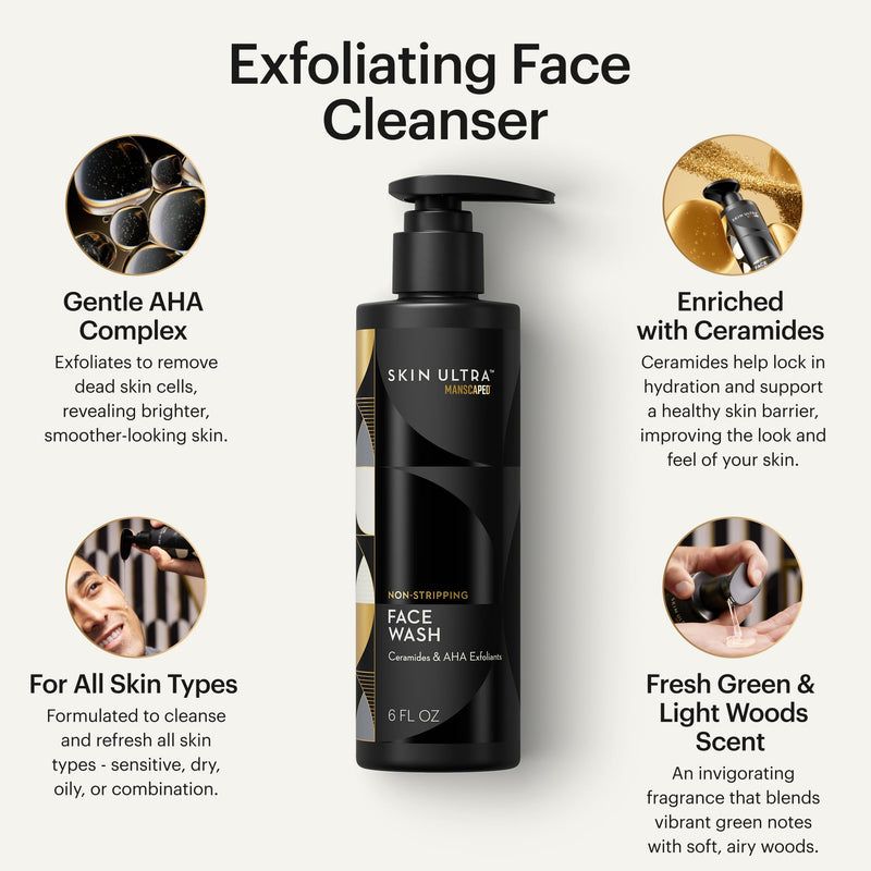 MANSCAPED® Face Buffer & Skin Ultra™ Face Wash – Men's Silicone Facial Scrubber & Exfoliating Facial Cleanser with Ceramides & AHA Complex for Deep Cleansing, Hydrated, Smooth Skin