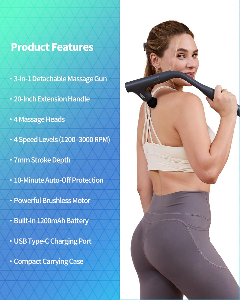 3-in-1 Detachable Massage Gun Deep Tissue with Extension Long Handle | Self back massage, back massager for pain relief, 3 handle styles, muscle massager for shoulder, neck, FSA-HSA eligible Grey