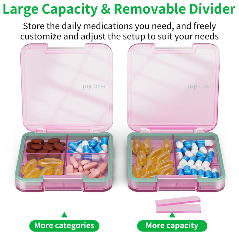 Small Pill Box, Travel Pill Organizer, Small Pill Case, Pill Container for Purse 4 Compartments, Daily Compact Travel Medicine Holder for Vitamins Medication (Pink) Pink