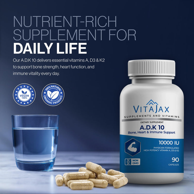 ADK 10 - Vitamin ADK Supplement, 180 Capsules - High Potency Vitamin A, D3(10,000 IU) K2 as MK-7 for Bone, Heart & Calcium Absorption – Non-GMO, Gluten Free (6 Month Supply) 2 Pack 90 Count (Pack of 2)