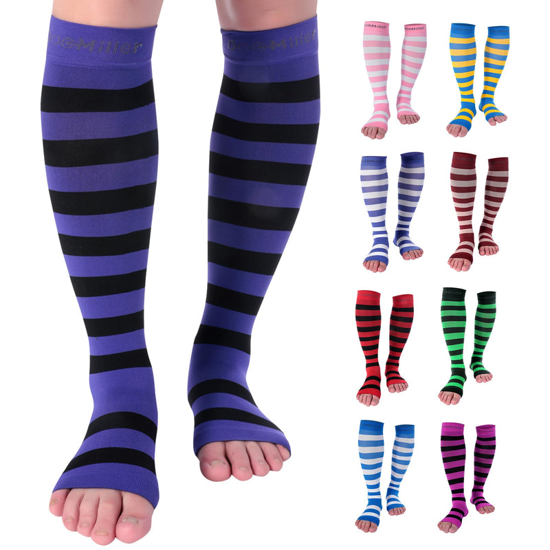 Doc Miller Compression Socks for Pregnant Women – Wide Calf, Open Toe Knee Sleeve 15-20 mmHG,Toeless Pregnancy Stockings for Varicose Veins, Footless Shin Splint Relief, 1 Pair X-Large Purple-Black