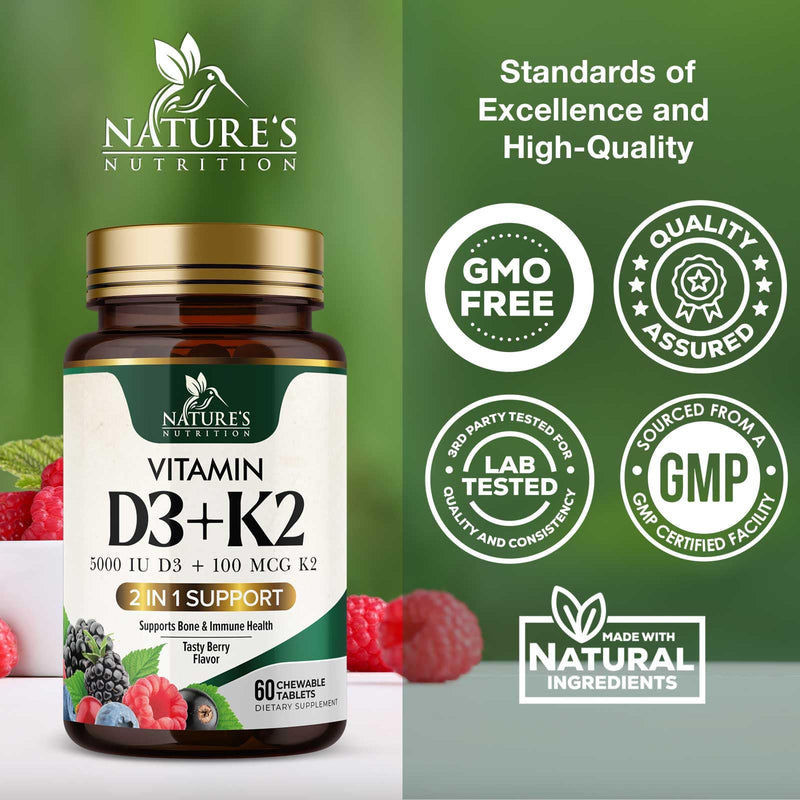 Vitamin D3 K2 Supplement | 5000 IU D3 + K2 100 mcg | MK-7 K2 with Vitamin D | Supports Immune, Heart, Teeth & Bone Health - Nature's Easy to Chew, VIT D3 K2, Non-GMO, Tasty Berry Flavor - 60 Tablets 60 Count (Pack of 1)