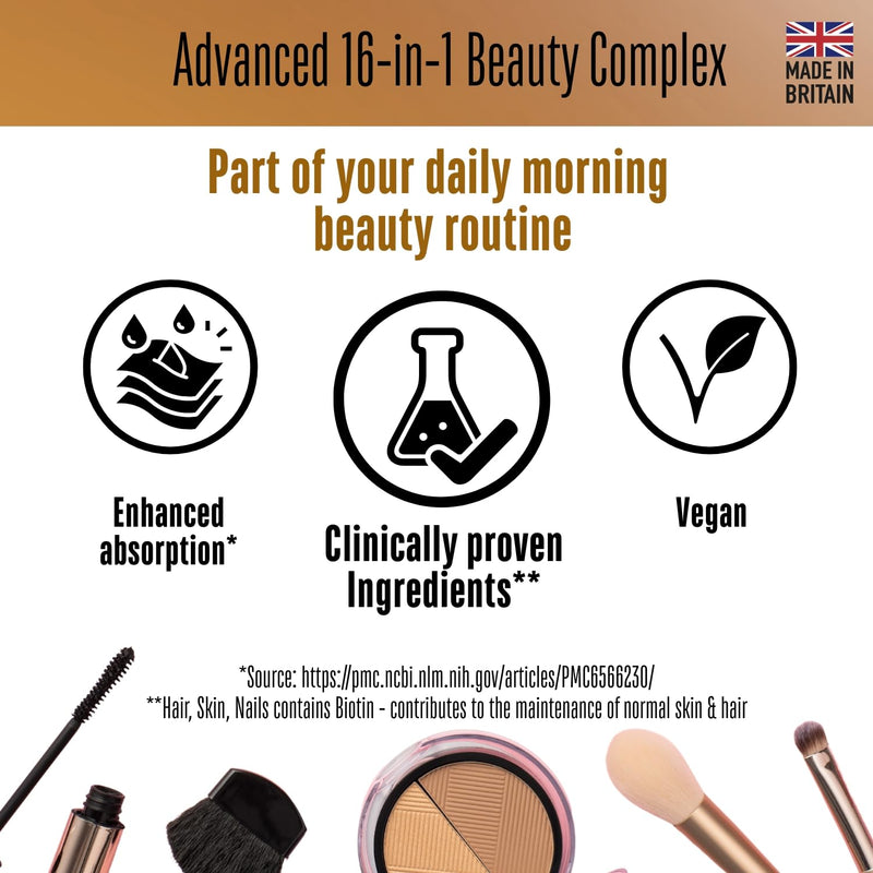 Vedic Skin Hair Nails Beauty Complex | 16-in-1 Vegan Capsules with Hyaluronic Acid, Biotin, Zinc, Selenium, Copper, Vitamins A B C D E | 90 Vegan Capsules