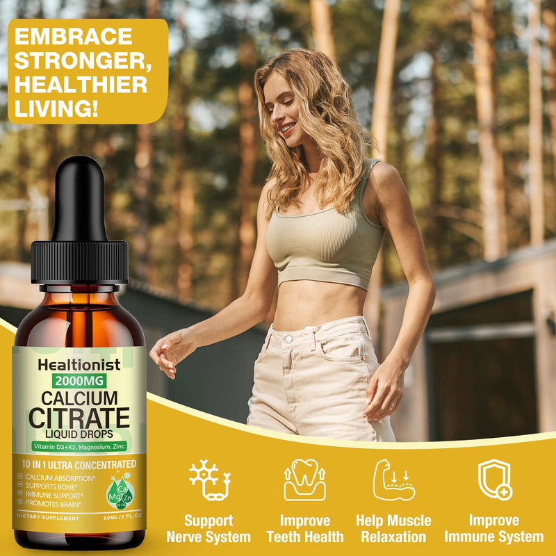 2 Packs 2000mg Calcium Citrate with Vitamin D3 K2 Supplements Liquid Drops for Women & Men, Magnesium, Zinc, High Absorption, Bone, Teeth, Muscle & Immune Support, 4 Fl oz 2 Fl Oz (Pack of 2)