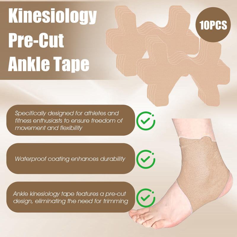 Yootiko 10 Pcs Precut Kinesiology Tape for Ankle, Minimize Ankle Sprain Provides Support Ligament, Waterproof and Breathable Hypoallergenic Ankle (Skin Color)