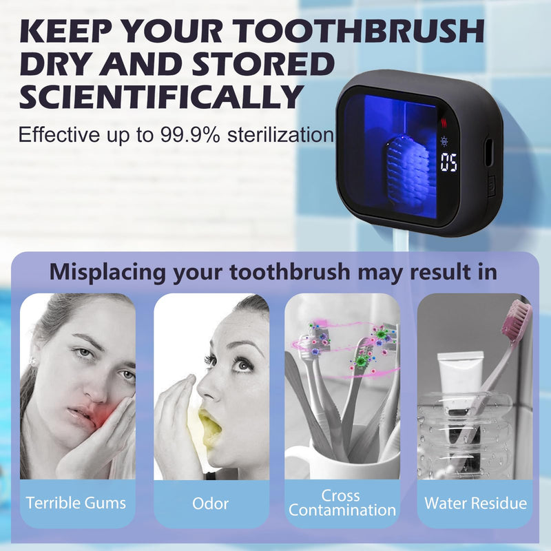 [Australia] - UV-C Toothbrush Cleaner, Portable Travel Cover for Manual/Electric Tooth brush, Magnetic Holder and Rechargeable Case for Any Size Toothbrush, Black 