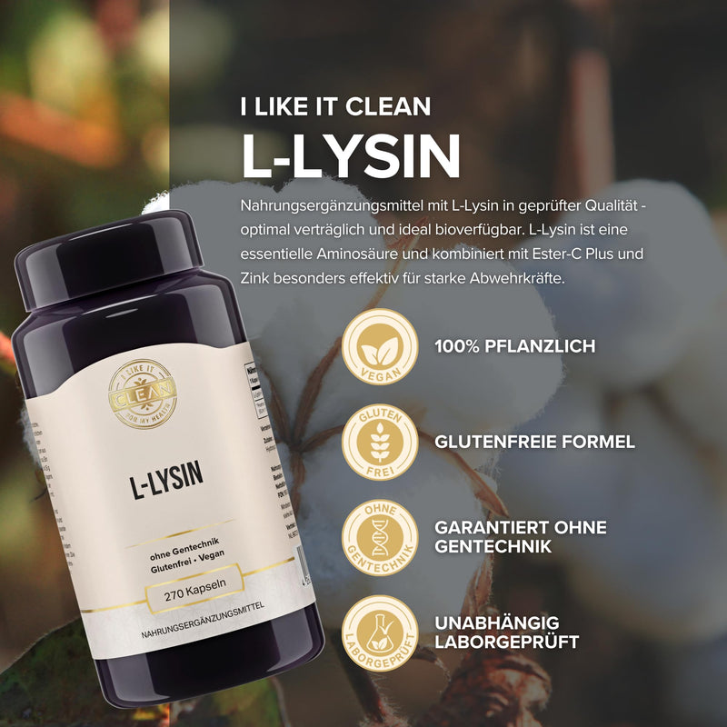 [Australia] - I-like-it-Clean® - L-Lysine - 500 mg L-Lysine HCl per capsule - 270 capsules - from plant fermentation - vegan, laboratory tested, without genetic engineering, without additives - produced in Germany 