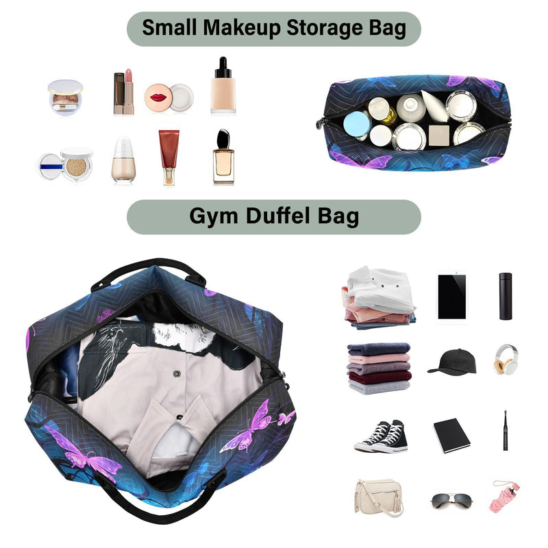 YETTASBIN Travel Duffel Bag for Women Men, Purple Blue Butterfly Large Waterproof Weekender Overnight Bag, Detachable Shoulder Strap Travel Sport Gym Bag with Toiletry Bag