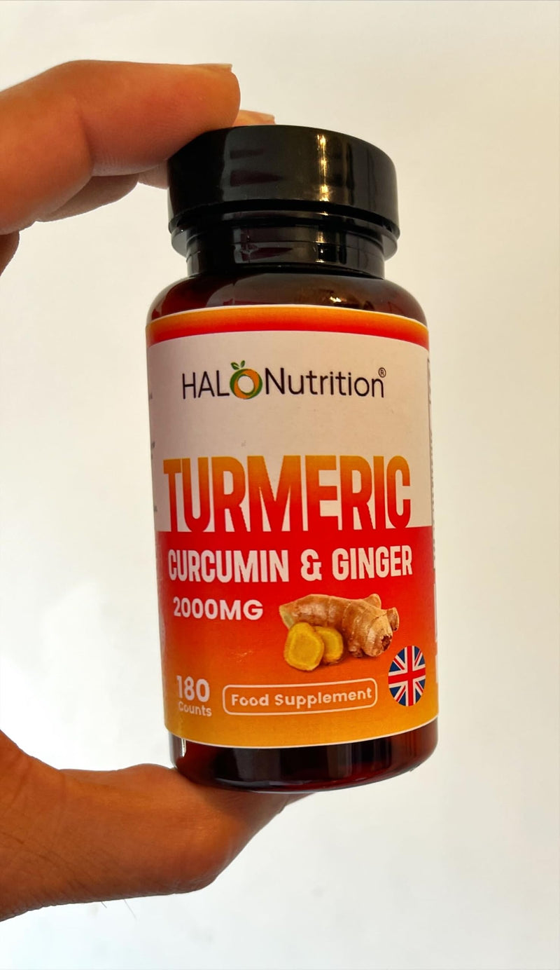 Turmeric Tablets High Strength 2000 mg with Curcumin & Ginger,Black Pepper Supplements, 180 Tablets (3 Months) High Strength Active Turmeric Supplements tablet Not Turmeric Capsules- by Halo Nutrition