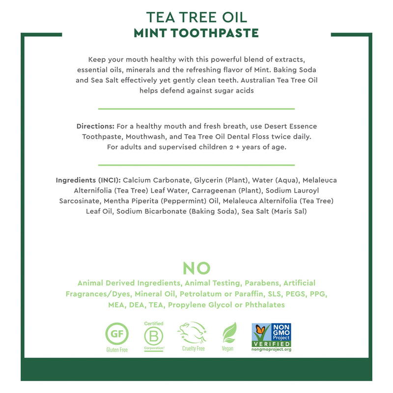[Australia] - Desert Essence Tea Tree Oil Toothpaste - Mint - 6.25 Oz - Pack of 2 - Refreshing Taste - Deep Cleans Teeth & Gums - Helps Fight Plaque - Sea Salt - Pure Essential Oil - Baking Soda 12.5 Ounce (Pack of 1) 