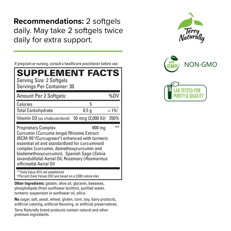 [Australia] - Terry Naturally CuraMed Brain - 60 Softgels - with BCM-95 Curcumin, Vitamin D3, Rosemary & Sage - Non-GMO, Gluten Free - 30 Servings 1 
