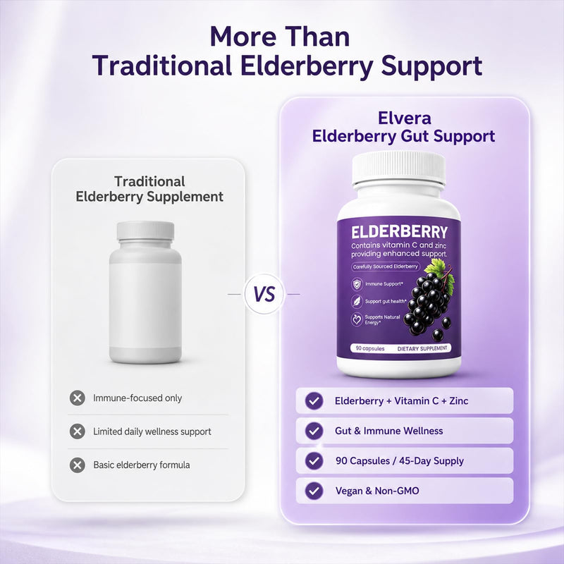 Elvera Elderberry Gut Support with 1200mg Elderberry Extract, Vitamin C and Zinc | Daily Immune & Digestive Balance for Everyday Wellness & Healthy Metabolism 90 Capsules