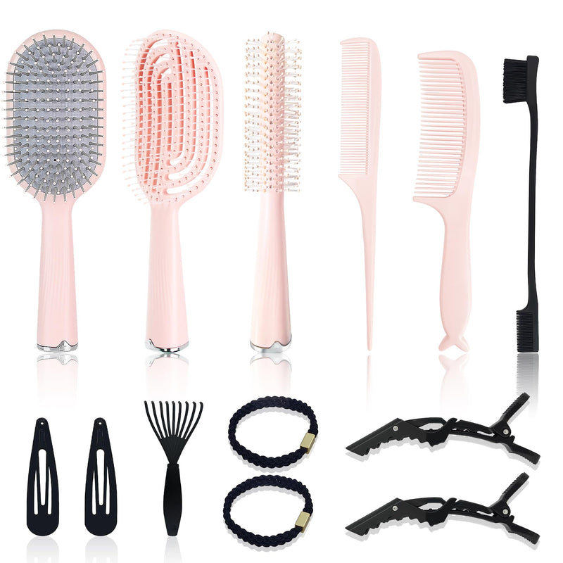 Hair Brush Set, Professional Styling Tools with Combs and Accessories, Pink, Gift Box Included (Pink Brush+Pink Comb) Pink Brush+Pink Comb