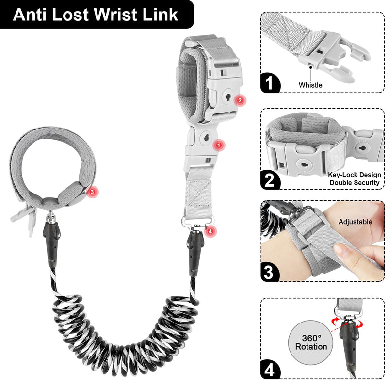 [Australia] - Accmor Toddler Waist Leash Belt, Reflective Baby Anti Lost Wrist Link, Kids Walking Harnesses Children Wristband Tether Leashes with Lock for Boys Girls Ages 1-4 to Outdoor Travel (Black) Black Reflective Wristlink/ Gray Belt 