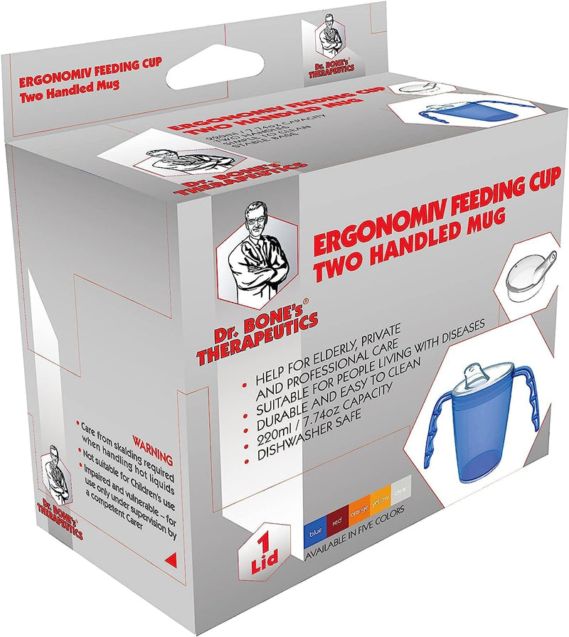 Two handled adult drinking cup 220 ml Blue with spouted lid small opening plastic mug for enhanced ergonomics, mug for secure grip even with shaky hands drinking aid, cup for the care, feeding cup