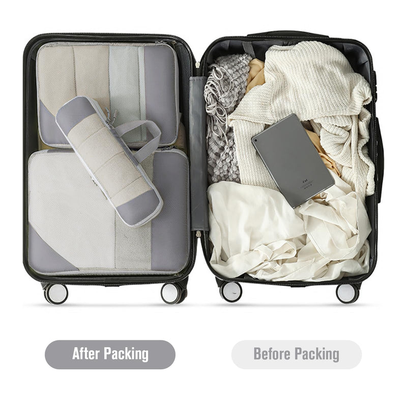 WOOMADA Compression Packing Cubes for Suitcases Travel Essentials 6 Set Rectangle Mesh Expandable Travel Bags Organizer for Luggage 6 Set (1S+1M+1L+1XL+Shoe Bag+Socks/Underwear Bag) Light Grey