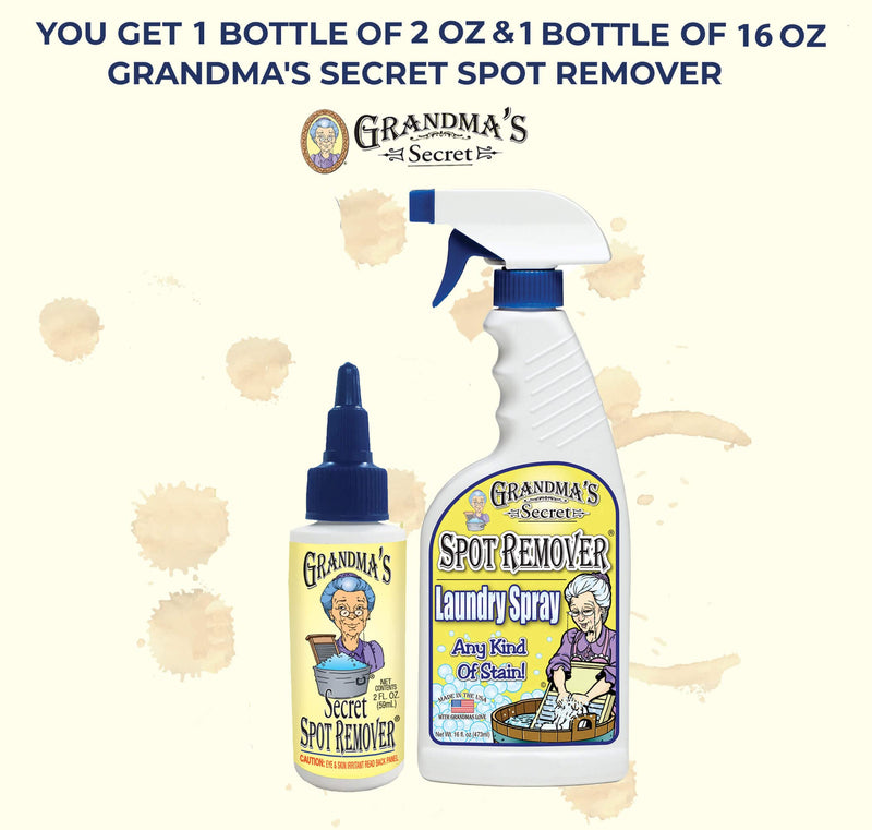 [Australia] - Grandma's Secret Spot Remover Laundry Spray - Chlorine, Bleach and Toxin-Free for Clothes - Fabric Stain Remover Removes Oil, Paint, Blood and Pet Stains - 16 oz & 2 oz Combo, DuoPack 