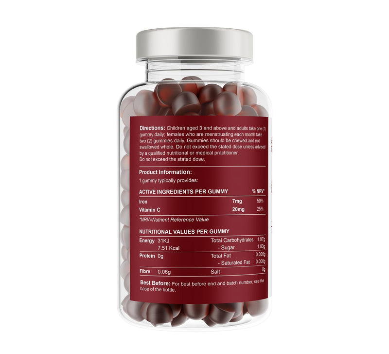 Iron and Vitamin C Gummies for Kids & Adults | 7mg Gentle Iron, 20mg Vitamin C Chewable | Vegan Natural Cherry Flavour | 2 Month Supply