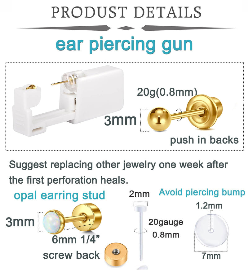 [Australia] - QWALIT Ear Piercing Kit Gold Ear Piercing Gun Kit Self Piercing Earrings Piercing Kit Disposable Earring Gun Piercing Kit with Earring Studs Self Ear Piercing Kit at Home Opal Earring Studs Flat Back A2-Gold opal 