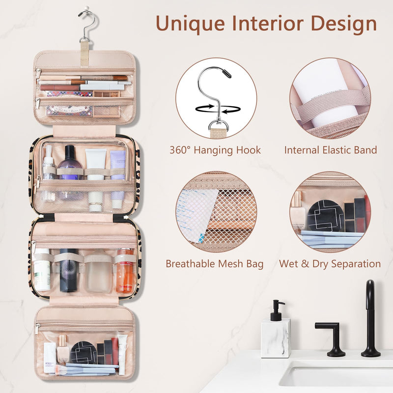Toiletry Bag for Women, Hanging Travel Toiletry Bag with Jewelry Organizer Compartment Large Makeup Bag, PVC Waterproof Cosmetic Travel Bag Trips Camping Bathroom, Leopard Print