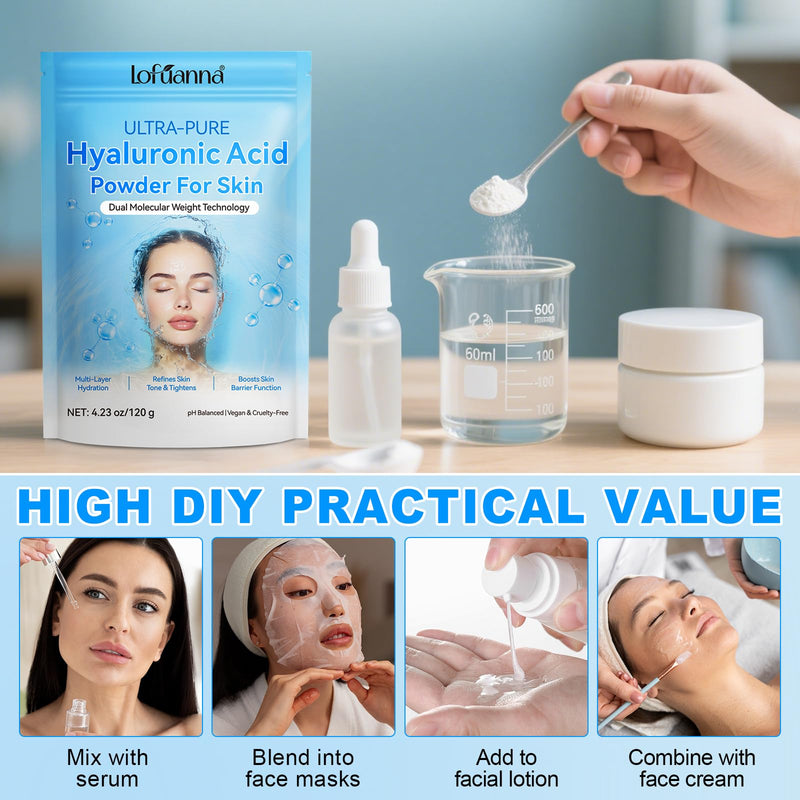 Hyaluronic Acid Powder, Water-soluble High Molecular Weight Hyaluronic Acid Serums Powder, Water Soluble Hydrating Ingredient for Skin Moisture, Hyaluronic-skincare-molecular-hydrating-ingredient