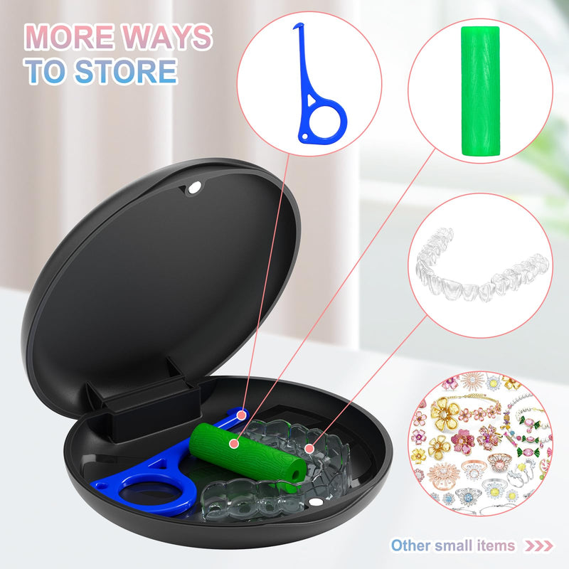 Retainer Case, Slim Aligner Case, Night Mouth Guard Case, Premium Denture Case with Retainer Removal Tool and Chewy, for Disassembly of Oral Care, Black (Black, Pack of 1)