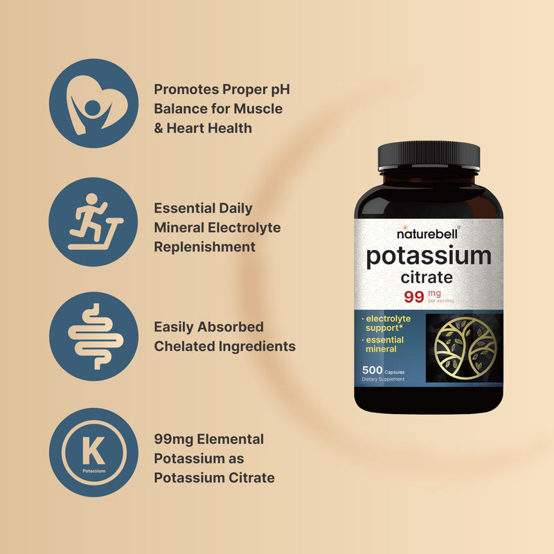 [Australia] - Potassium Citrate Supplement 99mg, 500 Capsules | Easily Absorbed Chelated Form ‚Äì Essential Mineral Electrolyte Balance ‚Äì Supports Muscle, Bone, & Heart Health ‚Äì Non-GMO 