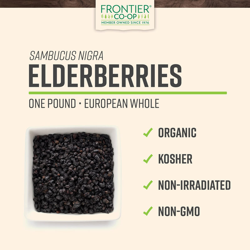 [Australia] - Frontier Co-op Organic Dried Elderberries, 1lb Bulk Bag, European Whole | Kosher and Non-GMO Organic Elderberry Berries Dried, for Tea, Immune Support 