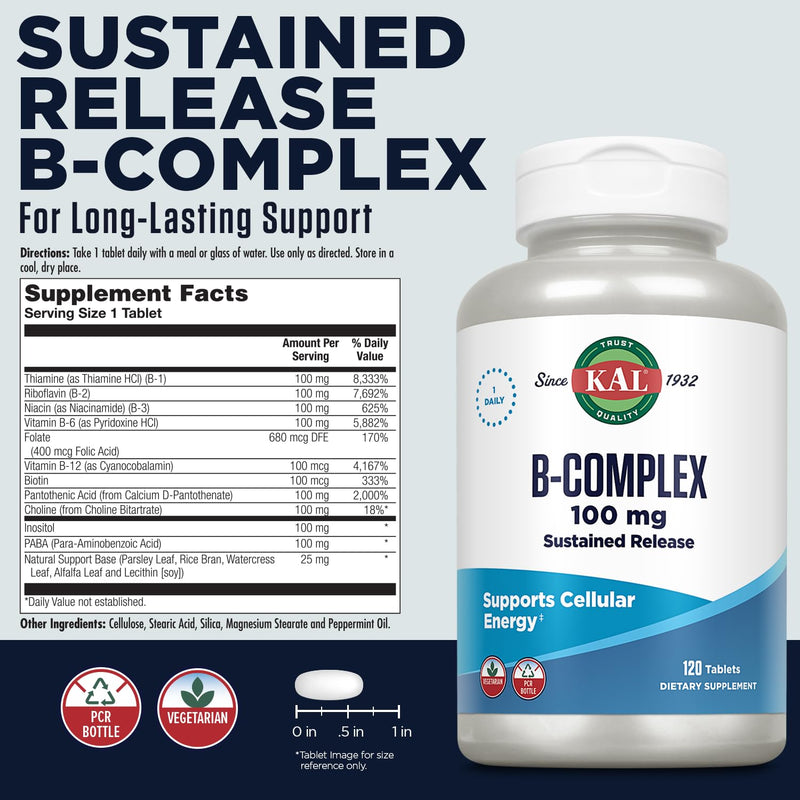 KAL B-100 Complex - Sustained Release Vitamin B Complex - Healthy Energy Support with Natural Base and Fresh Minty Coating - Vegetarian - 60 Day Guarantee - 120 Servings, 120 Tablets Unflavored 120 Count (Pack of 1)
