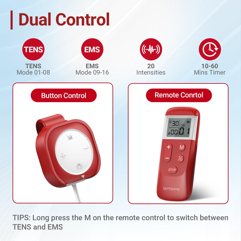 Comfytemp Wireless TENS Unit for Back Pain Relief, 2-in-1 TENS EMS Muscle Stimulator with Detachable Back Clip for More Comfortable Reclining Use, Remote Control, Rechargeable, EMS Machine for Back