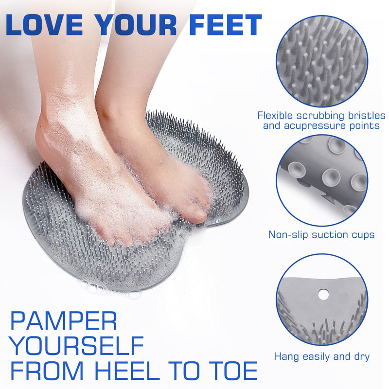 [Australia] - Shower Foot Scrubber Mat Back Washer Exfoliating Bath Wash Pad Wall Mounted Slip Suction Cups for Use in Cleaner Men and Women Gray 