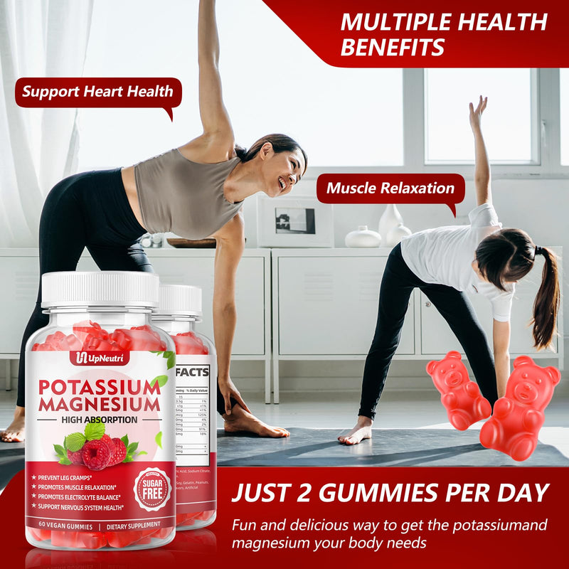 [Australia] - Potassium Magnesium Supplement Gummies for Adults Kids, Sugar-Free Potassium Gummies Supports Leg Cramps & Muscle & Immune Health, High Absorption Magnesium Gummies Raspberry Flavor 120 Cts 60 Count (Pack of 2) 