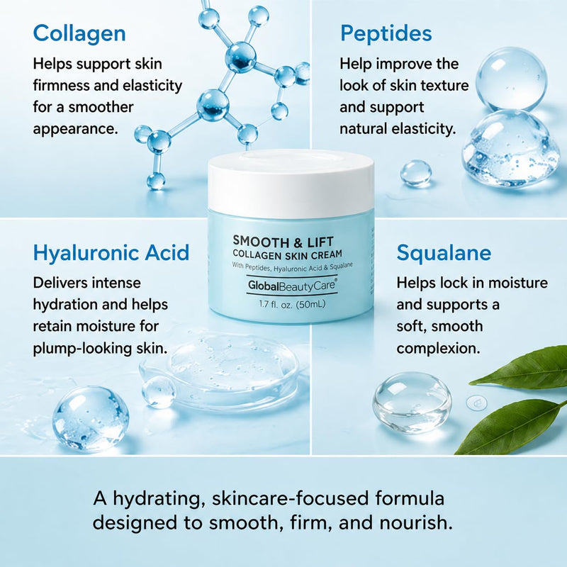 Global Beauty Care Smooth & Lift Collagen Skin Cream - Hydrating Face Moisturizer to Support Skin Elasticity with Peptides, Hyaluronic Acid, Squalane, Niacinamide & Vitamin E, 1.7 fl oz (3 Pack) 0.57 Fl Oz (Pack of 3)