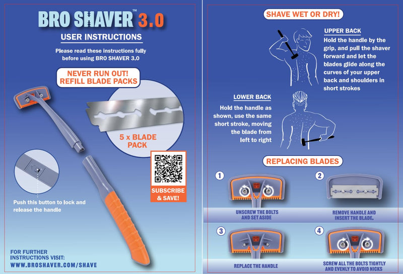 [Australia] - BroShaver 3.0, DIY Back & Body Hair Trimmer - Wet or Dry Shave for Men. Split Handle Razor with Ergonomic Grip 
