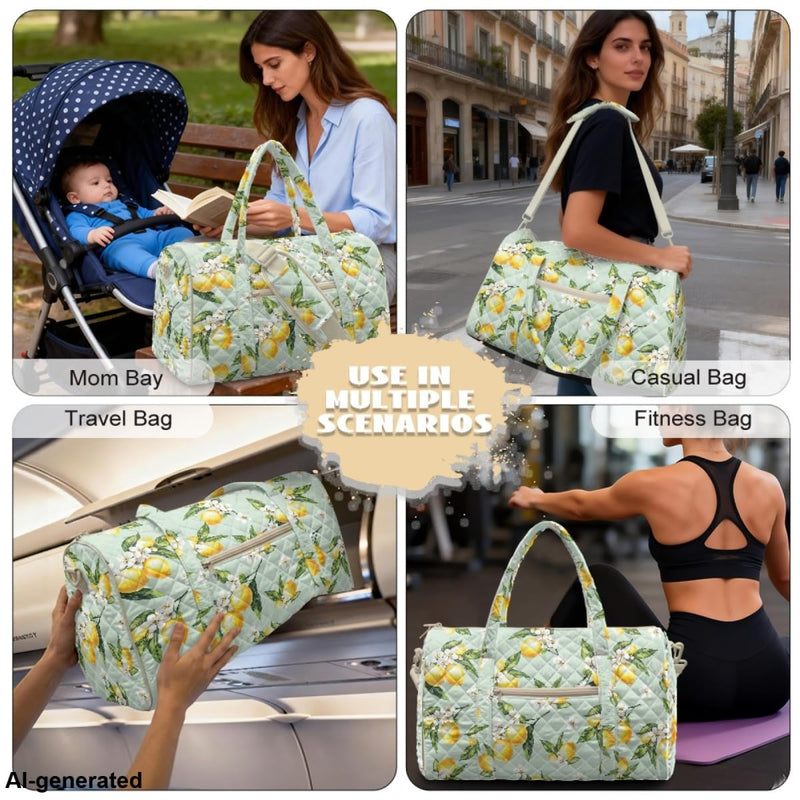 Quilted Weekender Bag Lemon Green Fresh Print Large Weekender with Adjustable Crossbody Strap Zesty Travel Bag for Overnight Trips