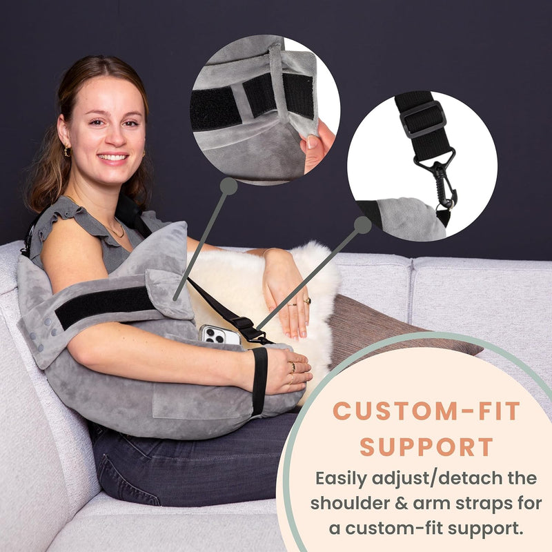 [Australia] - MOYOAMA Post Shoulder Surgery Pillow with Pocket- Rotator Cuff Pillows for Sleeping, After Shoulder Surgery Must Haves, Rotator Cuff Sleeping Pillow, Rotator Cuff Surgery Recovery Accessories Moonlight Grey With Arm & Shoulder Strap (S/M) 