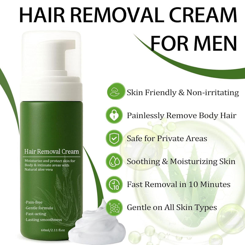 Man Hair Removal Cream, Hair Removal Cream for Men, Natural Aloe Vera Quick Gentle Fast-Acting Hair Remover Mousse for Face Body & Intimate, Moisturizing Nourishing Non-sticky (1) 1